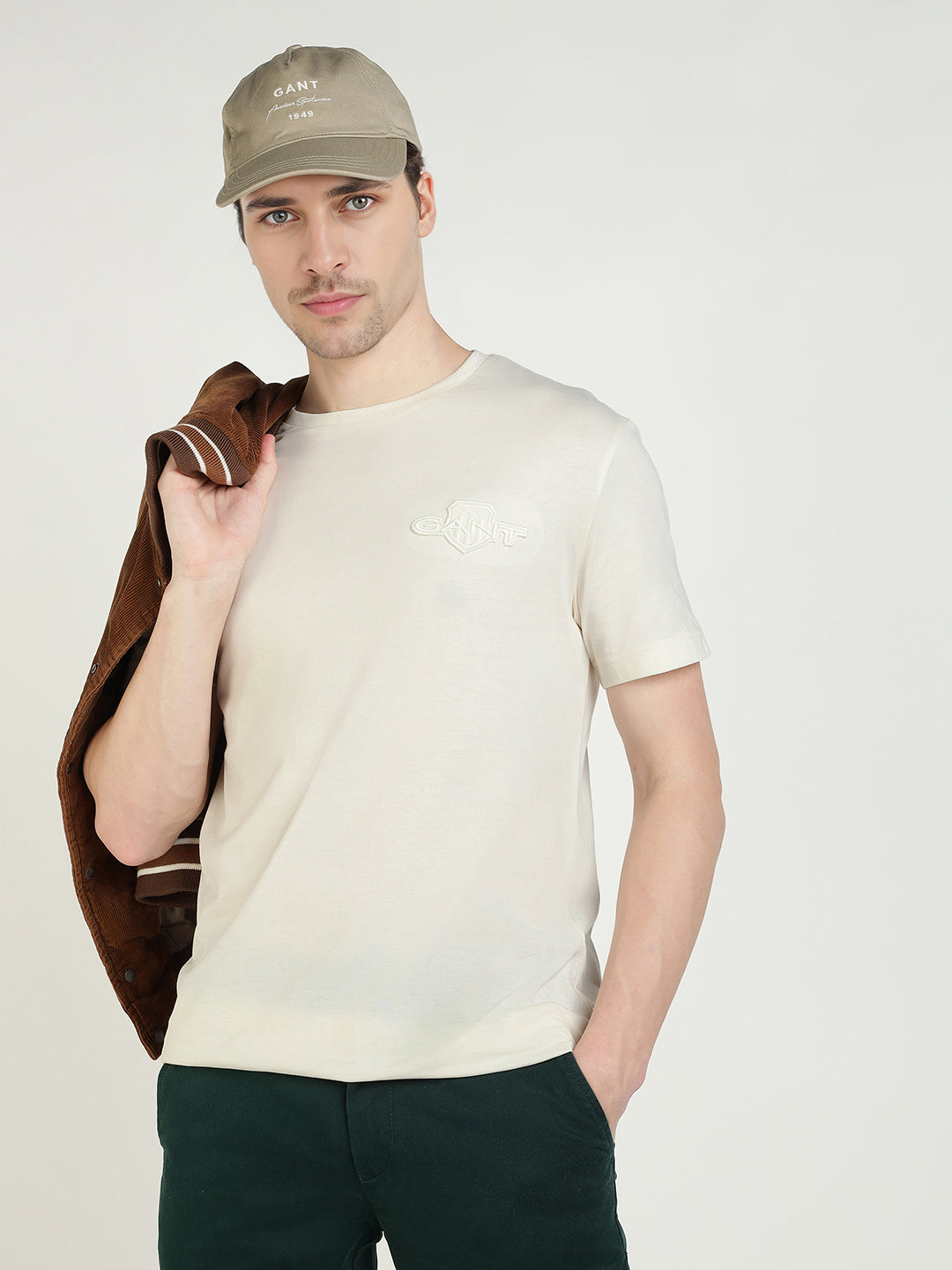 Gant Men Cream Solid Crew Neck Tshirt