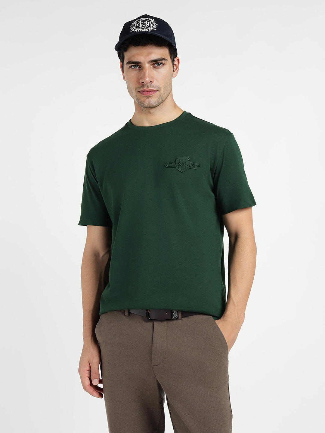 Gant Men Green Solid Crew Neck Tshirt