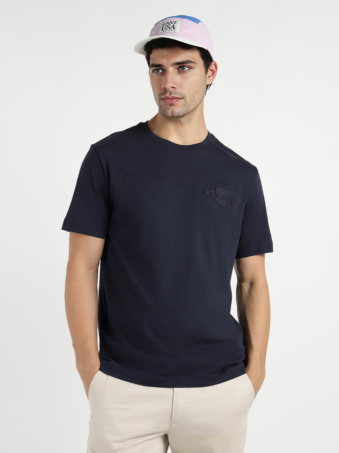 Gant Men Blue Solid Crew Neck Tshirt
