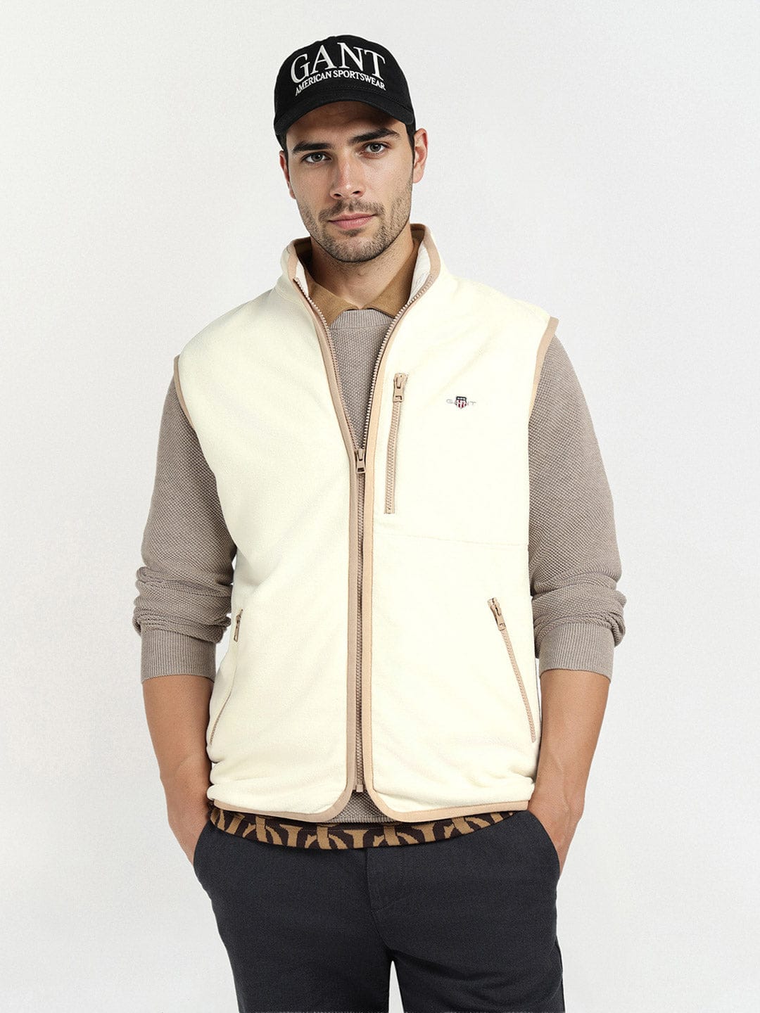 Gant Men Cream Solid Collar Sweatshirt