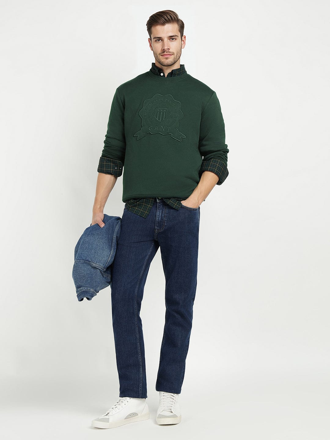 Gant Men Green Solid Crew Neck Sweatshirt