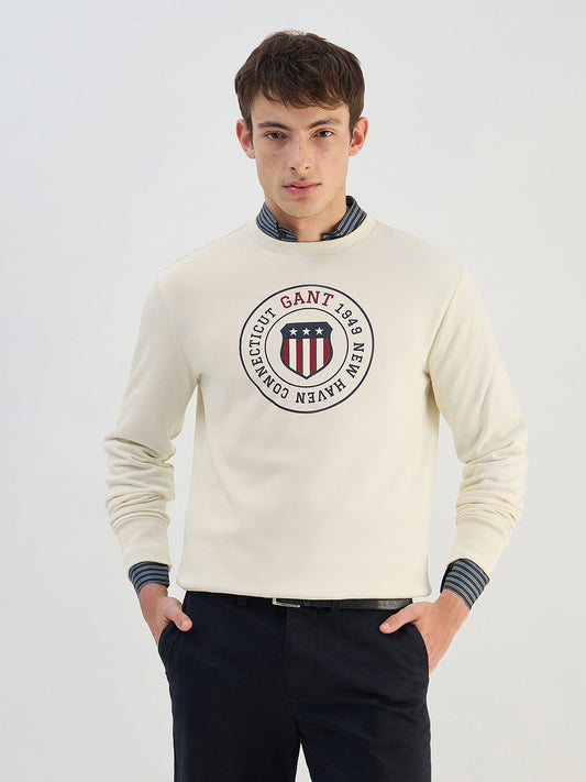 Gant Men Cream Solid Round Neck Sweatshirt