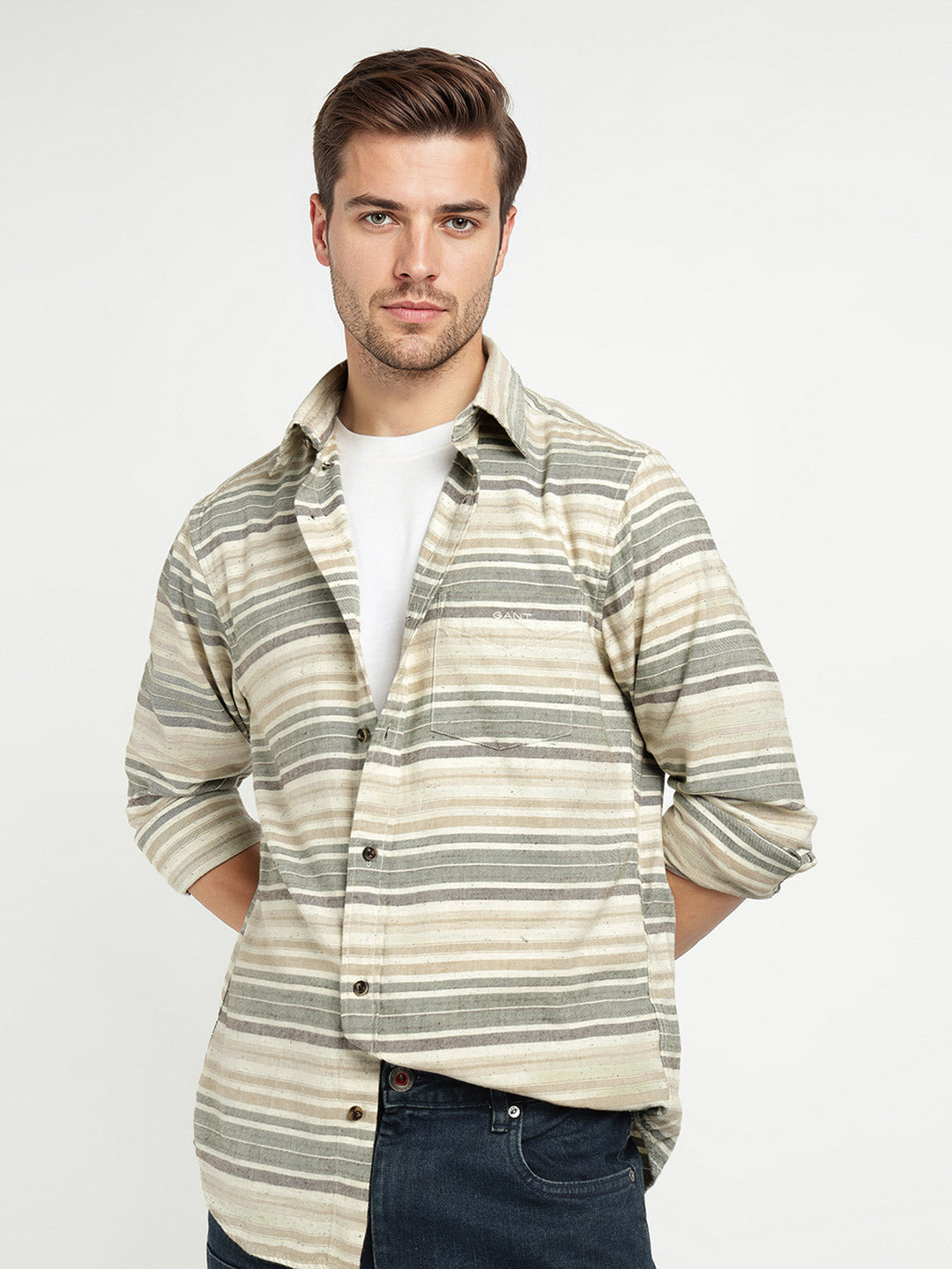 Gant Men Green Striped Collar Shirt