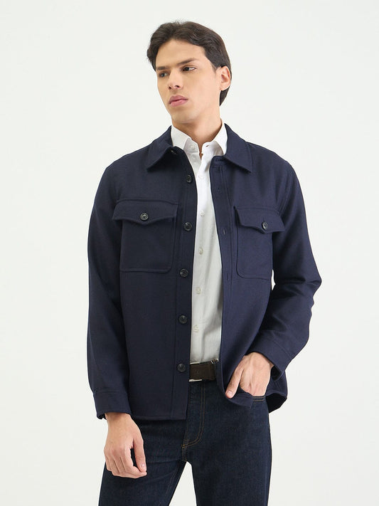Gant Men Regular Navy Blue Solid Wool Blend Oversize Shirt