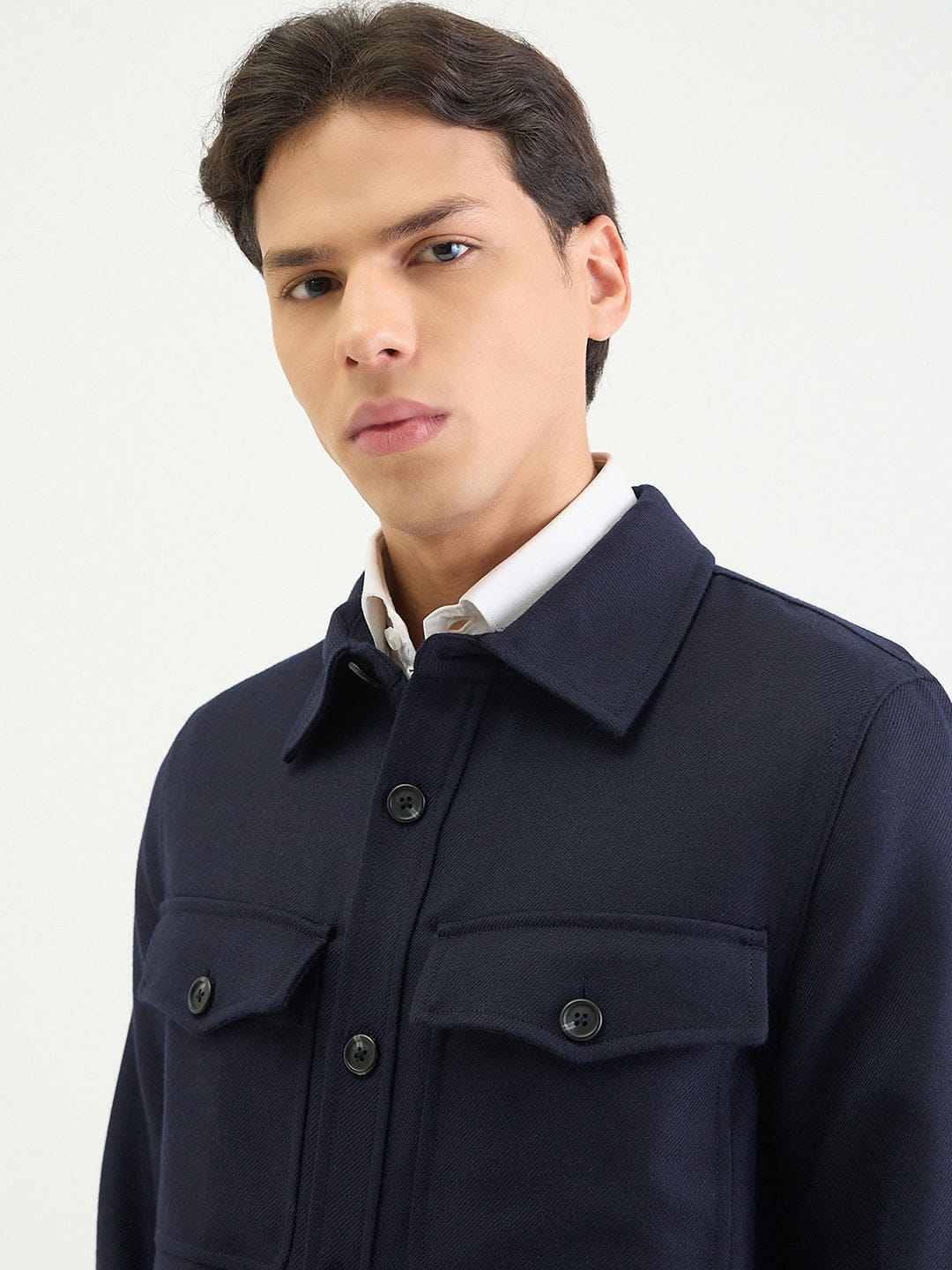 Gant Men Regular Navy Blue Solid Wool Blend Oversize Shirt