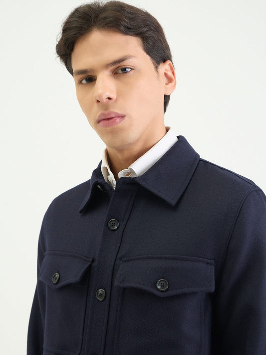 Gant Men Regular Navy Blue Solid Wool Blend Oversize Shirt