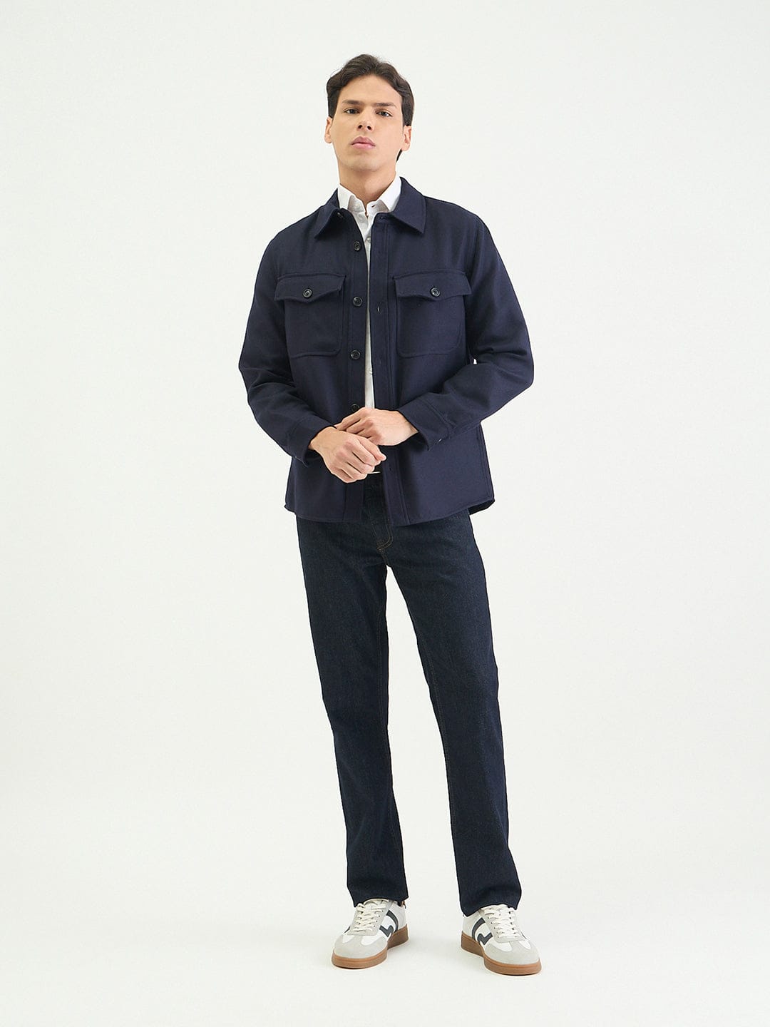 Gant Men Regular Navy Blue Solid Wool Blend Oversize Shirt