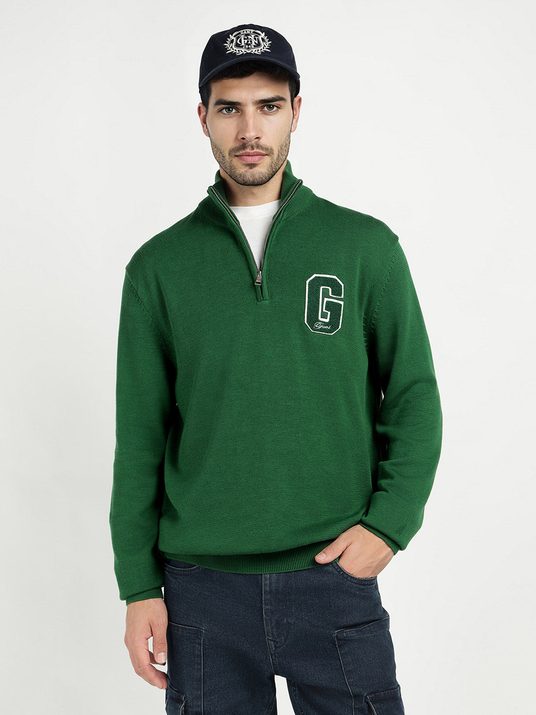 Gant Men Green Solid Half Zip Sweater