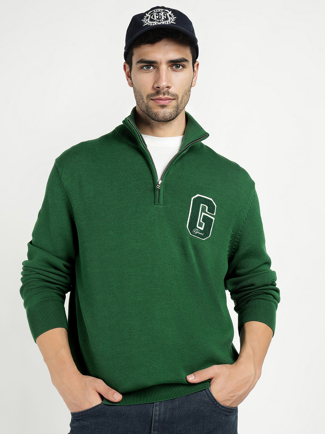Gant Men Green Solid Half Zip Sweater