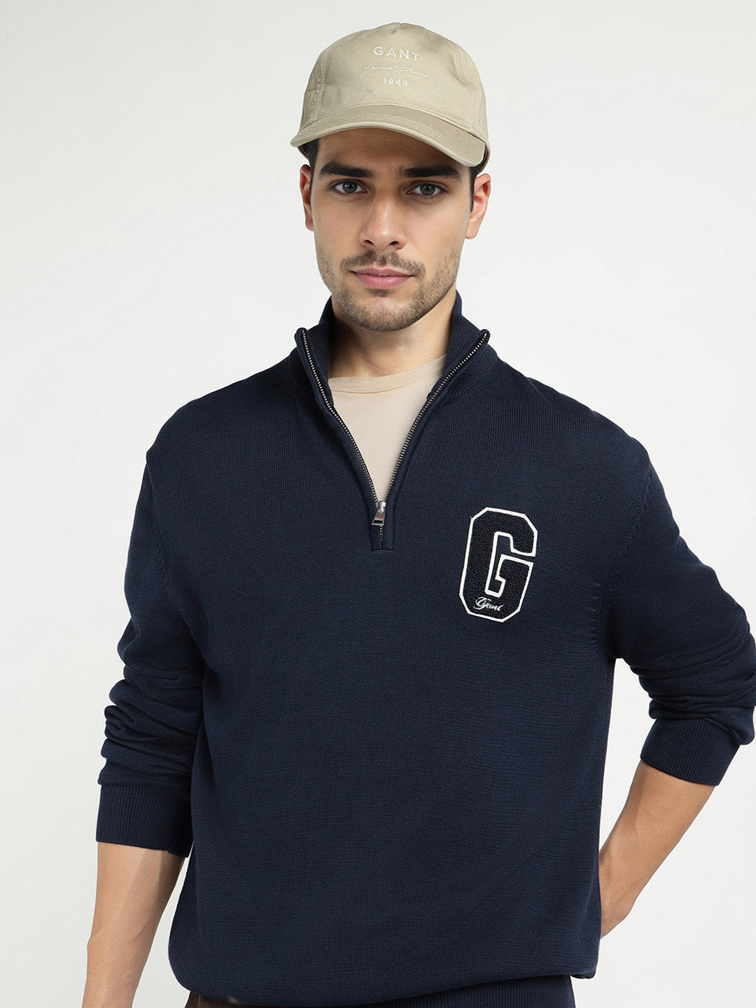 Gant Men Blue Solid Half Zip Sweater