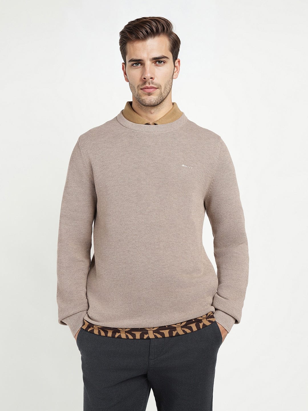 Gant Men Beige Solid Crew Neck Sweater