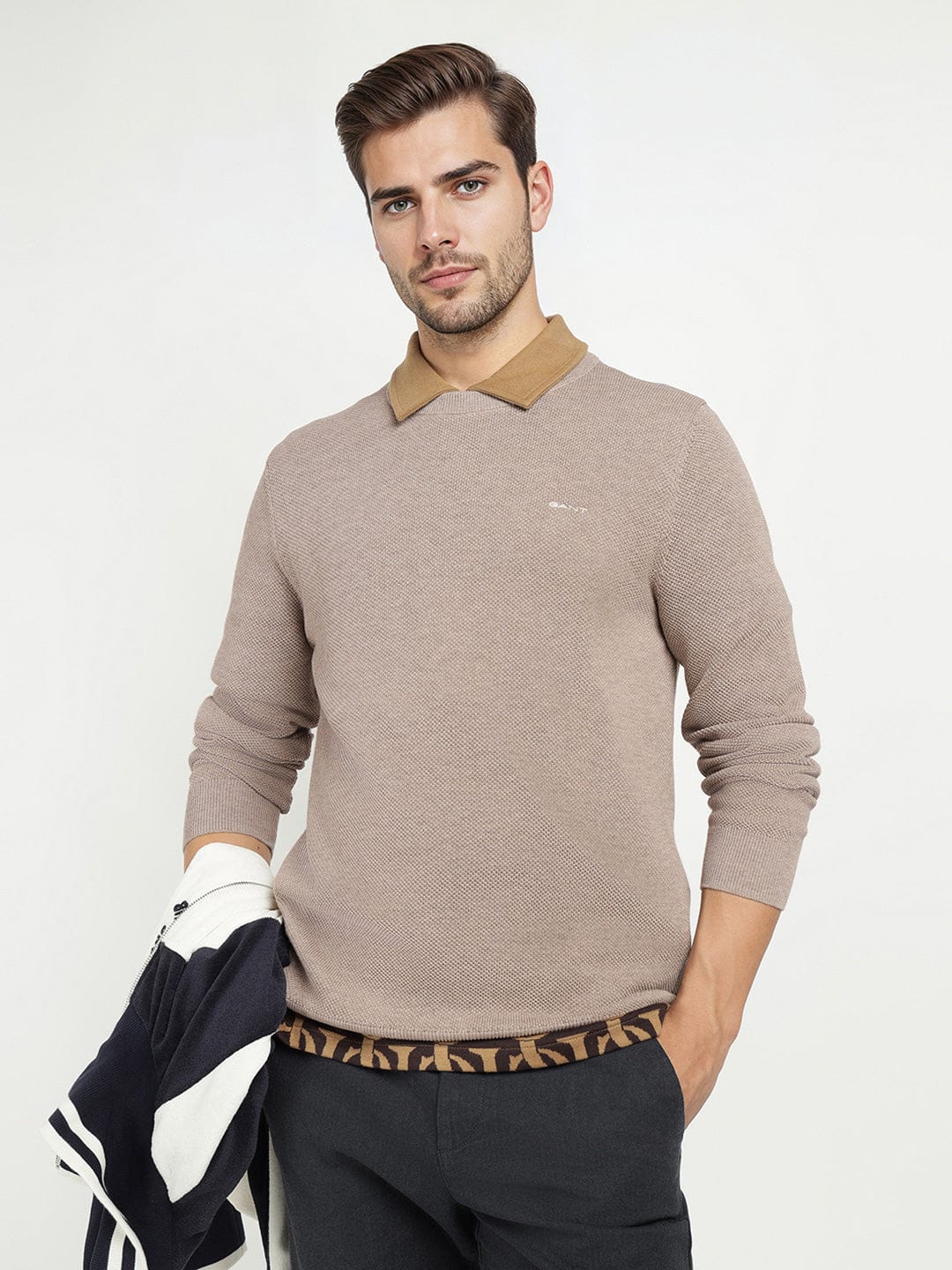 Gant Men Beige Solid Crew Neck Sweater