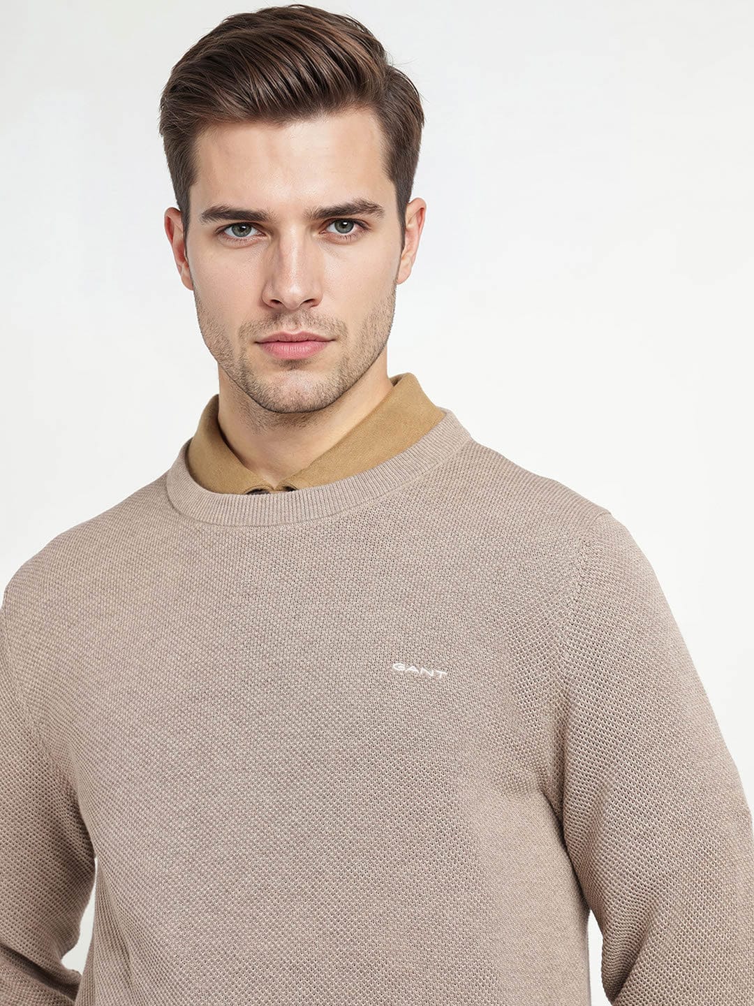 Gant Men Beige Solid Crew Neck Sweater