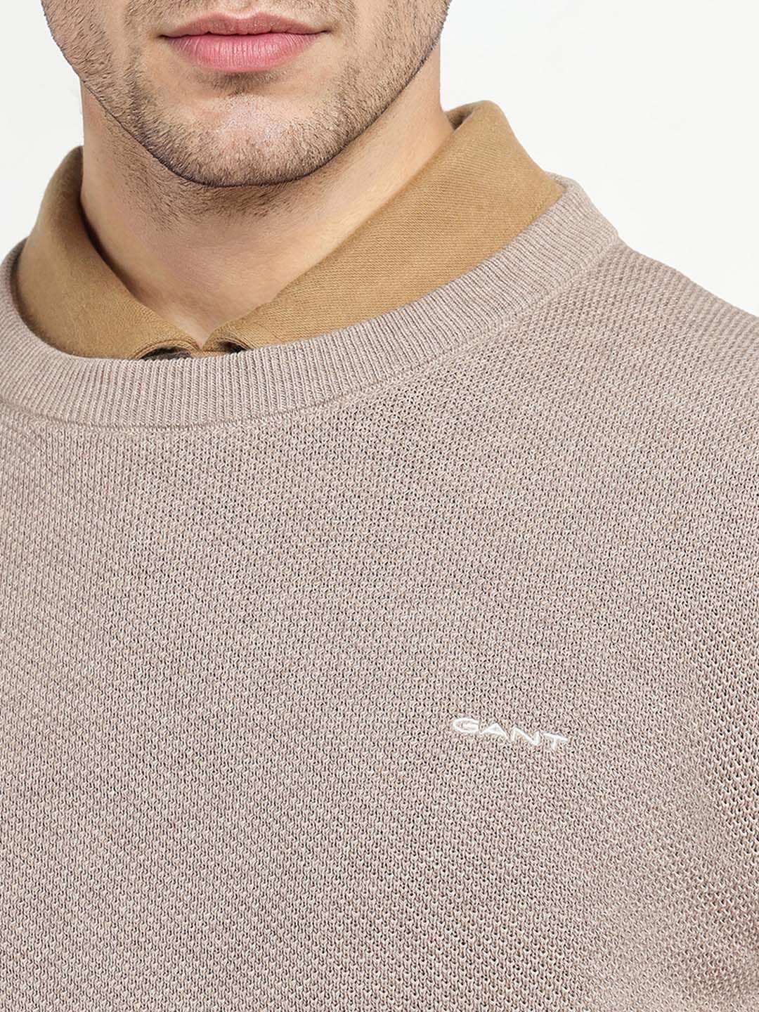 Gant Men Beige Solid Crew Neck Sweater