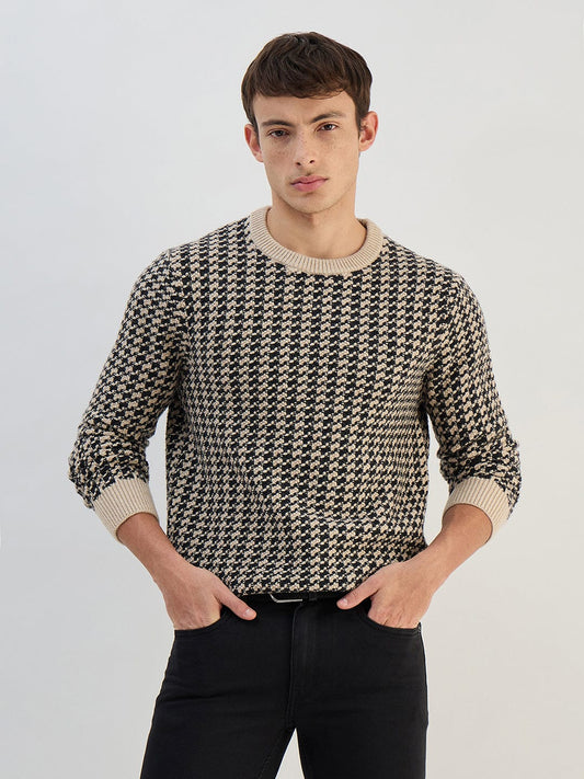 Gant Men Beige Check Round Neck Sweater