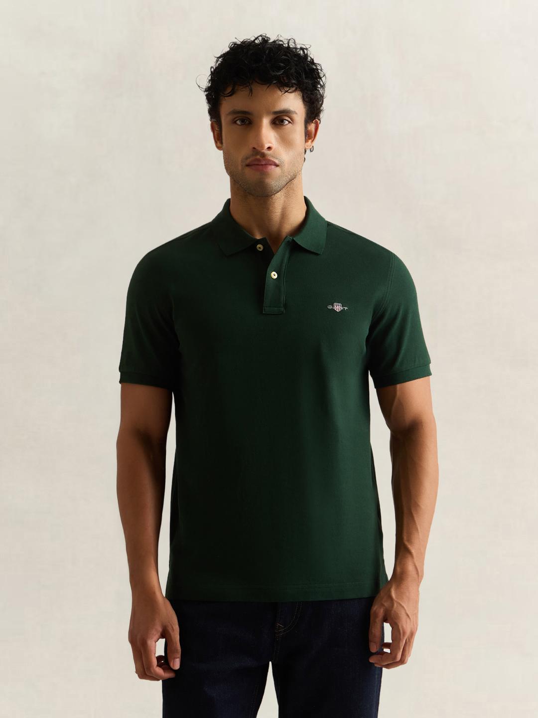 Gant Men Green Solid Classic Slim Fit Polo Shirt Polo T-Shirt