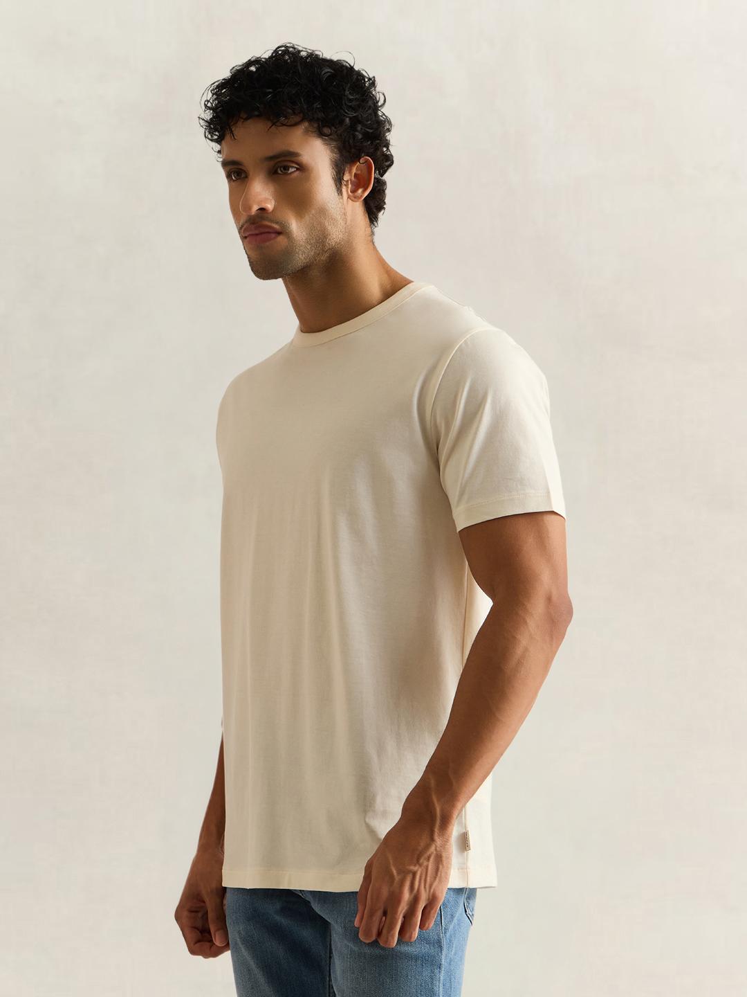 Gant Men Cream Solid Regular Fit Cotton T-Shirt