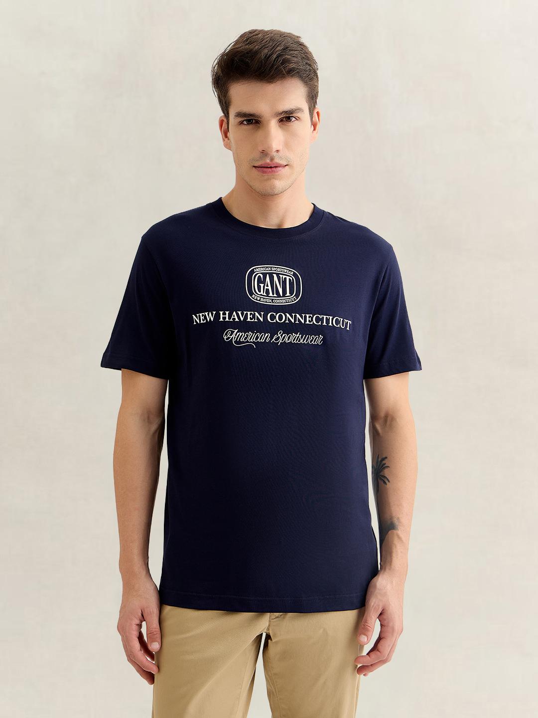Gant Men Dark Blue Regular Fit Graphic Cotton T-Shirt