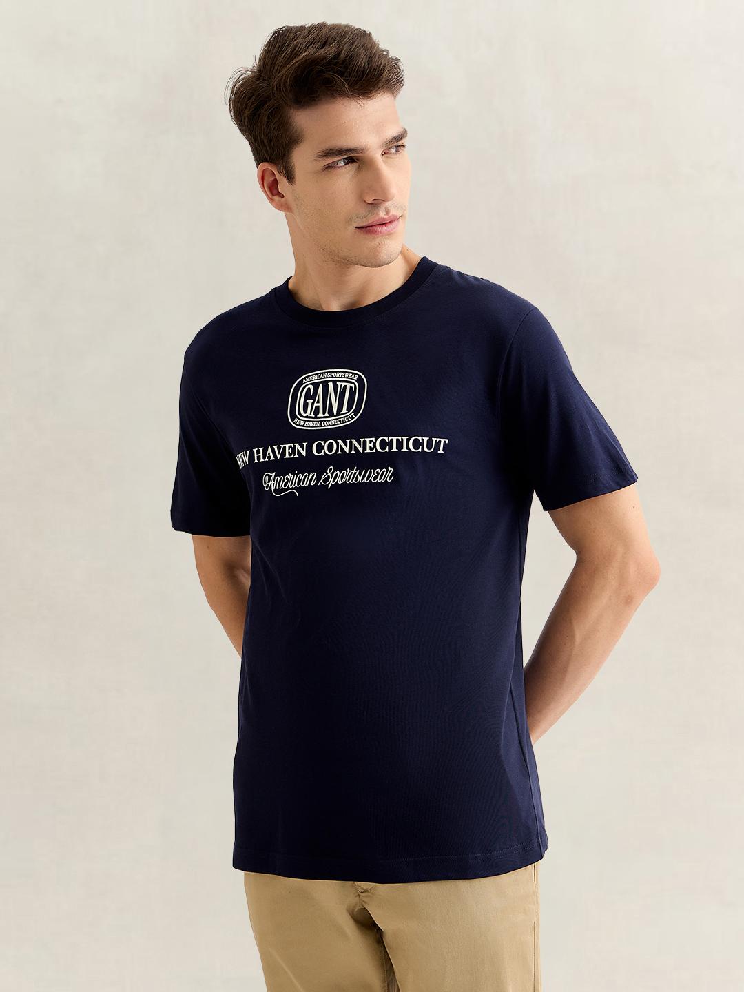 Gant Men Dark Blue Regular Fit Graphic Cotton T-Shirt