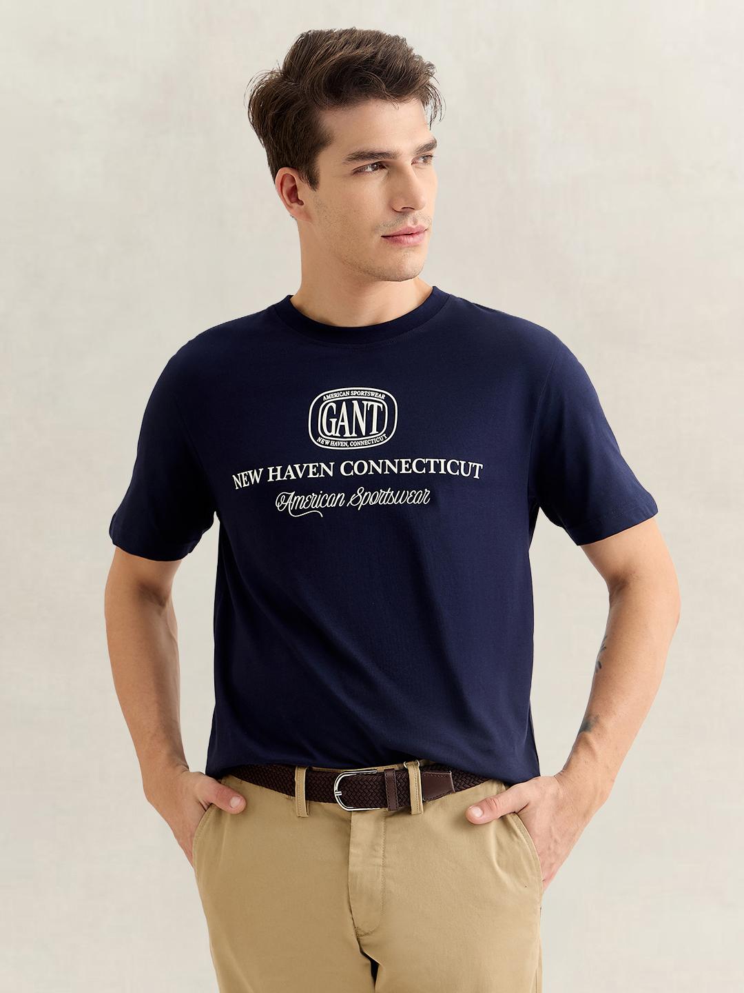 Gant Men Dark Blue Regular Fit Graphic Cotton T-Shirt