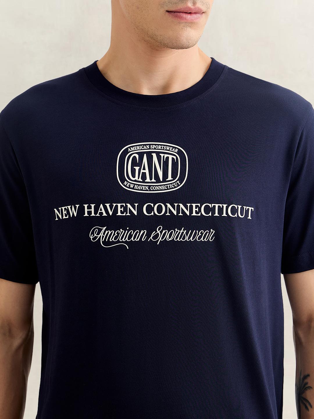 Gant Men Dark Blue Regular Fit Graphic Cotton T-Shirt