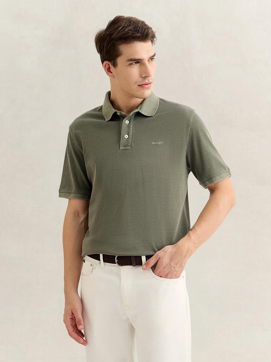 Gant Men Green Regular Fit Solid Cotton Polo T-Shirt