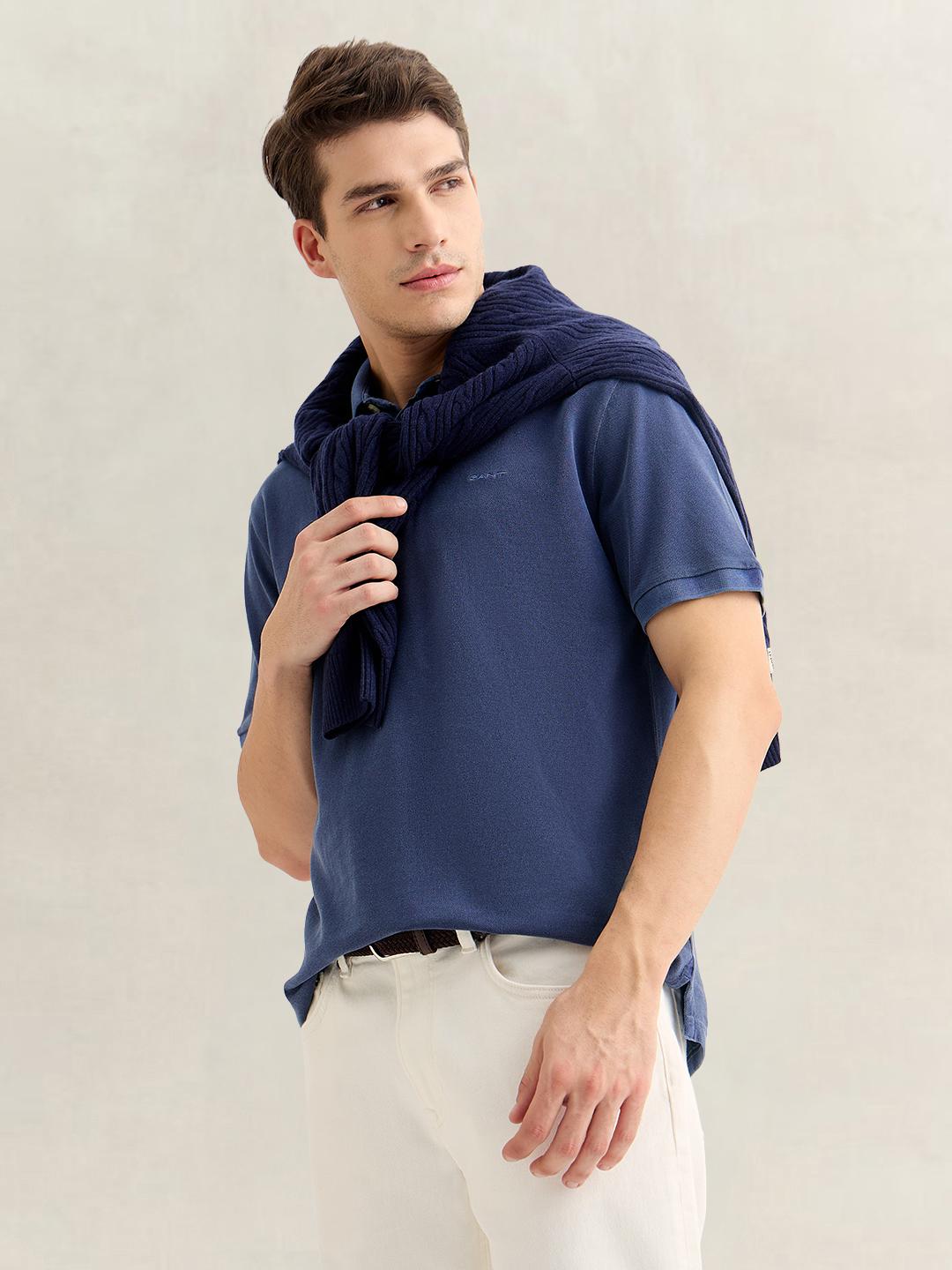 Gant Men Blue Regular Fit Solid Cotton Polo T-Shirt