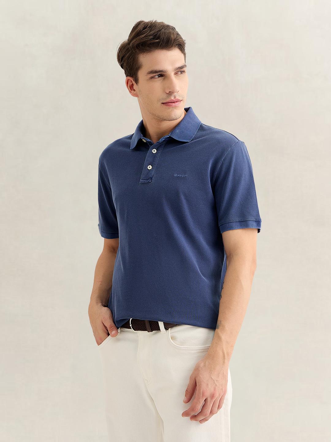 Gant Men Blue Regular Fit Solid Cotton Polo T-Shirt