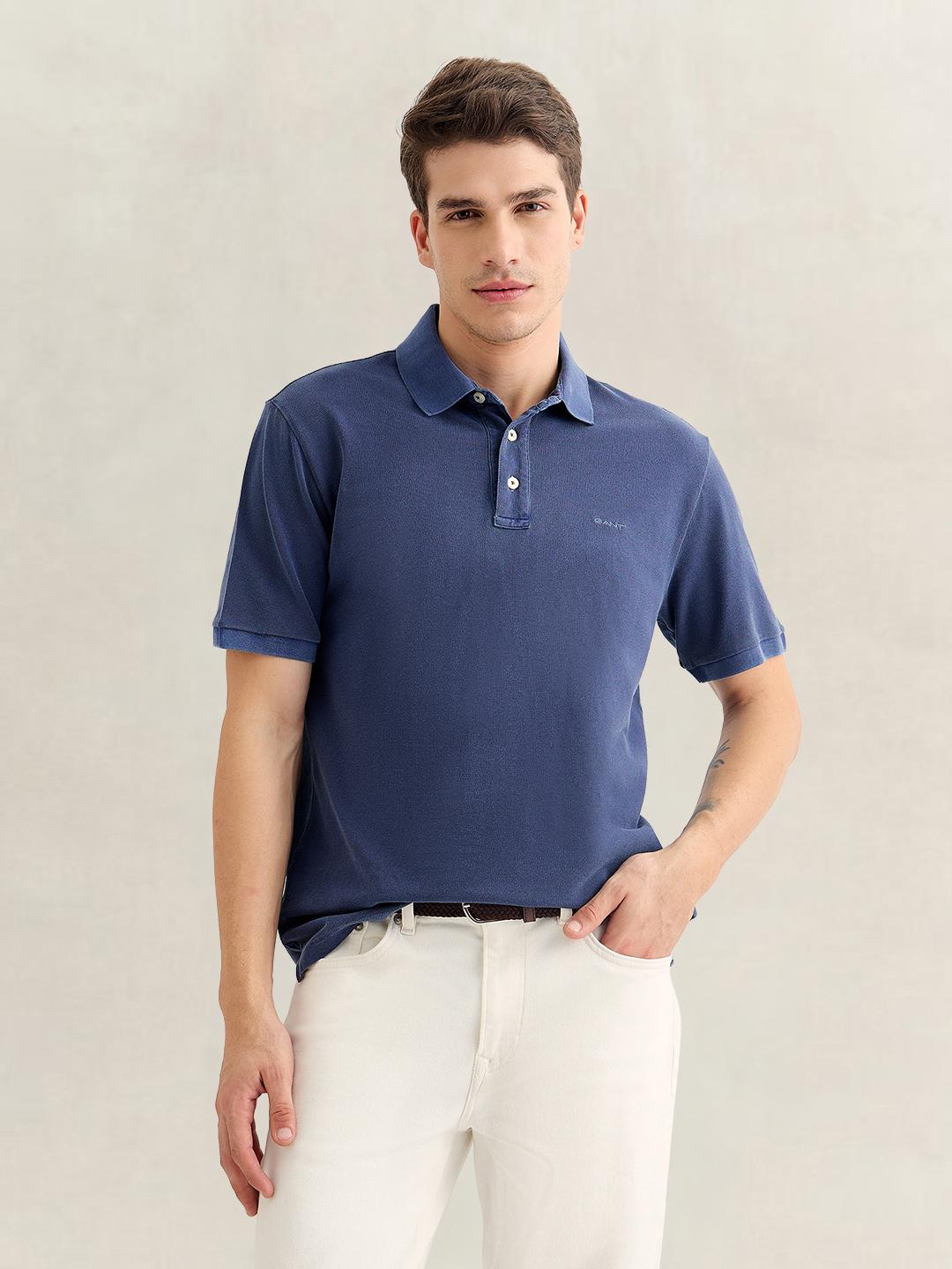 Gant Men Blue Regular Fit Solid Cotton Polo T-Shirt