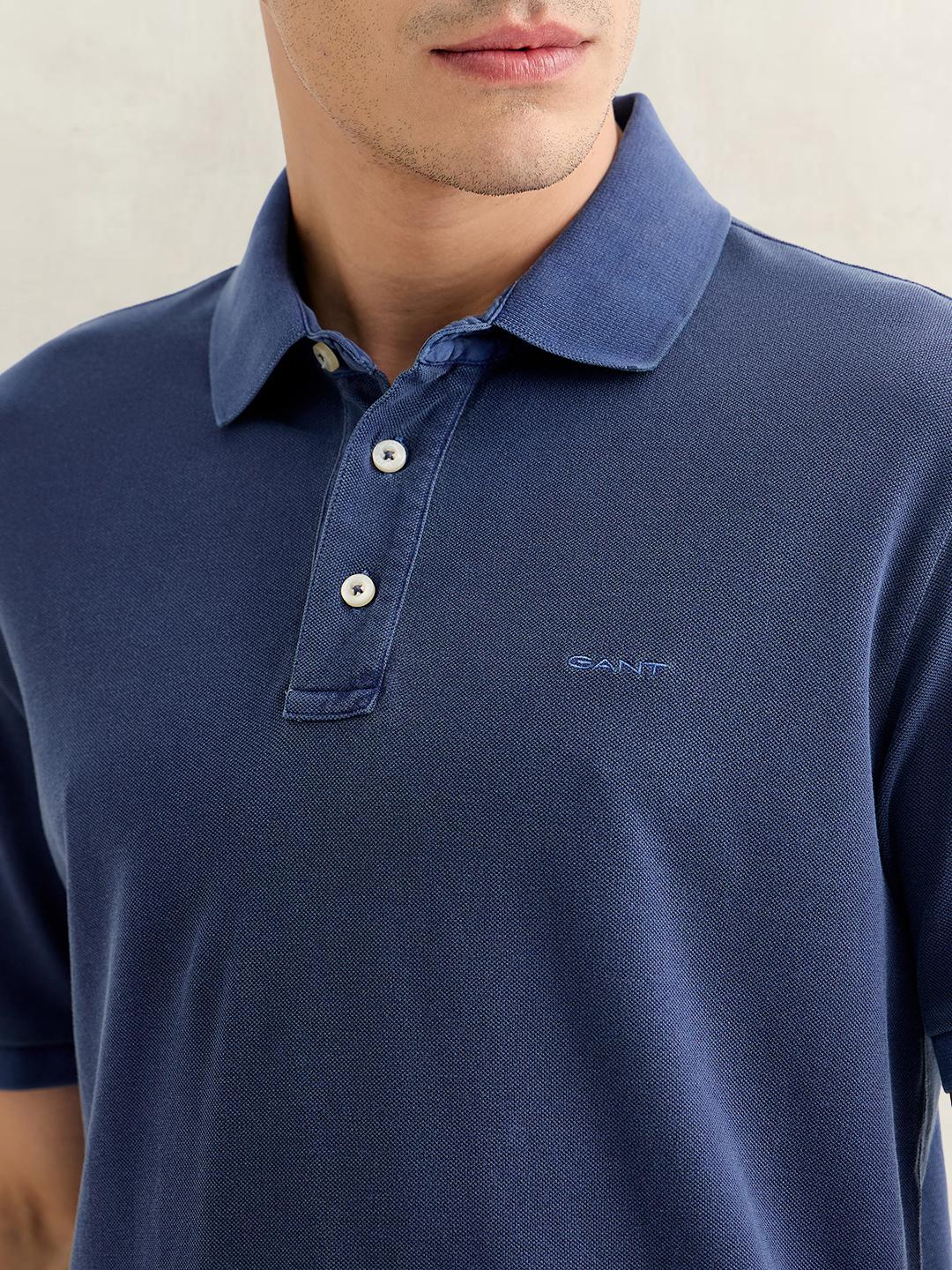 Gant Men Blue Regular Fit Solid Cotton Polo T-Shirt