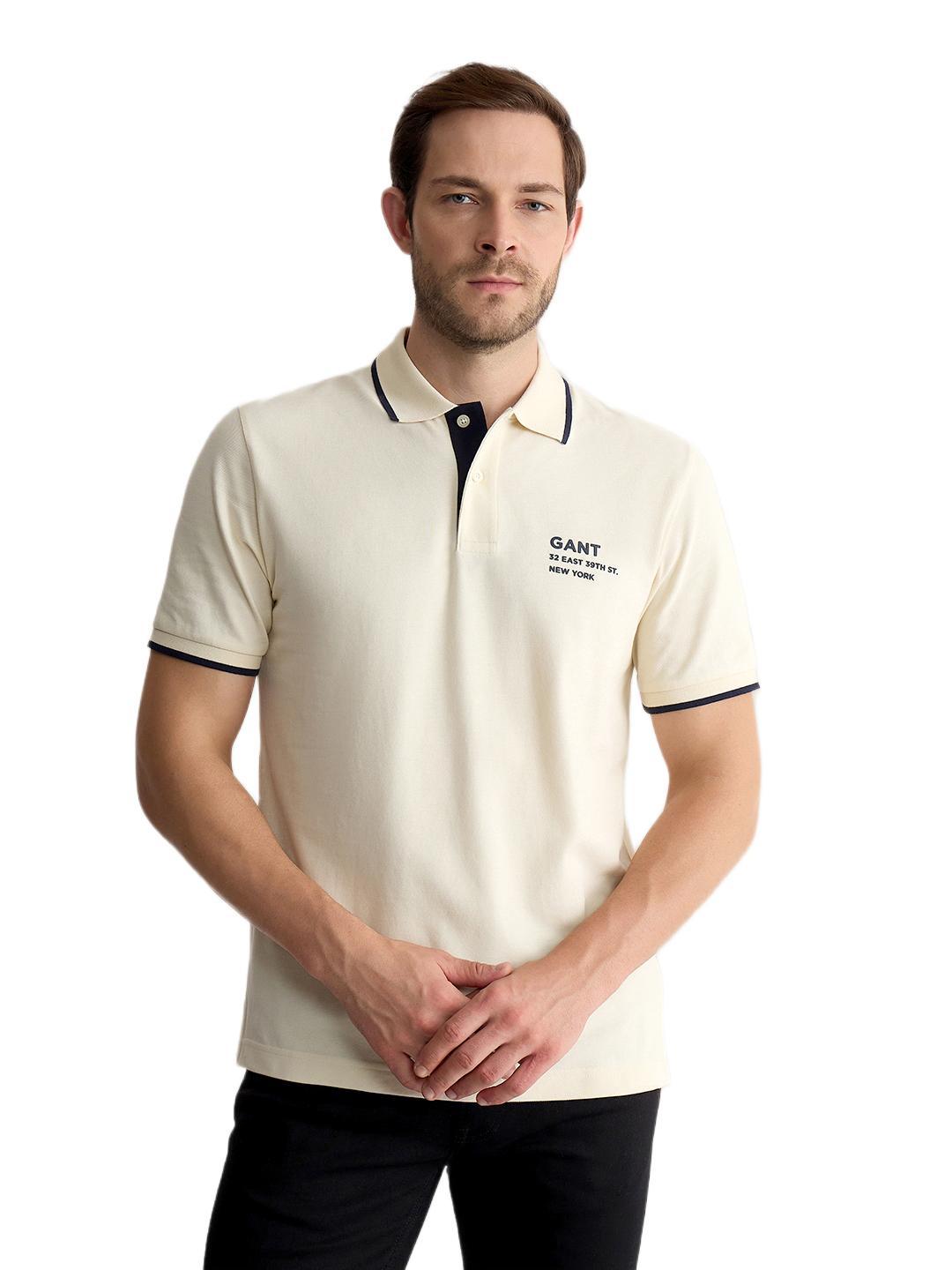 Gant Men Cream Regular Fit Solid Pure Cotton Polo Tshirt