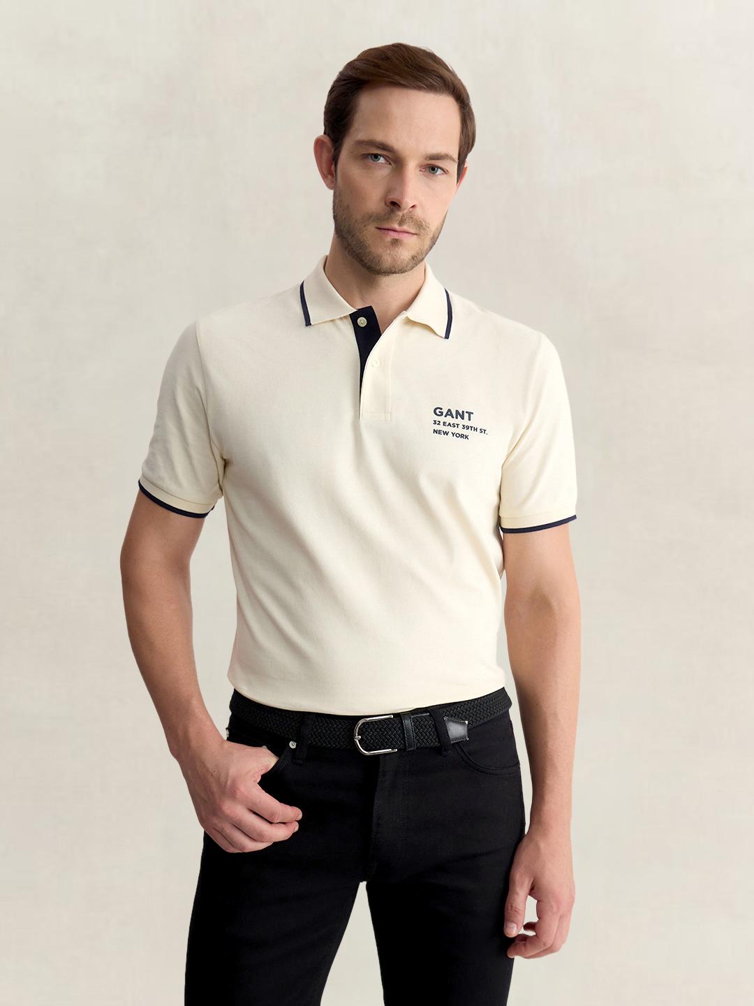 Gant Men Cream Regular Fit Solid Pure Cotton Polo Tshirt