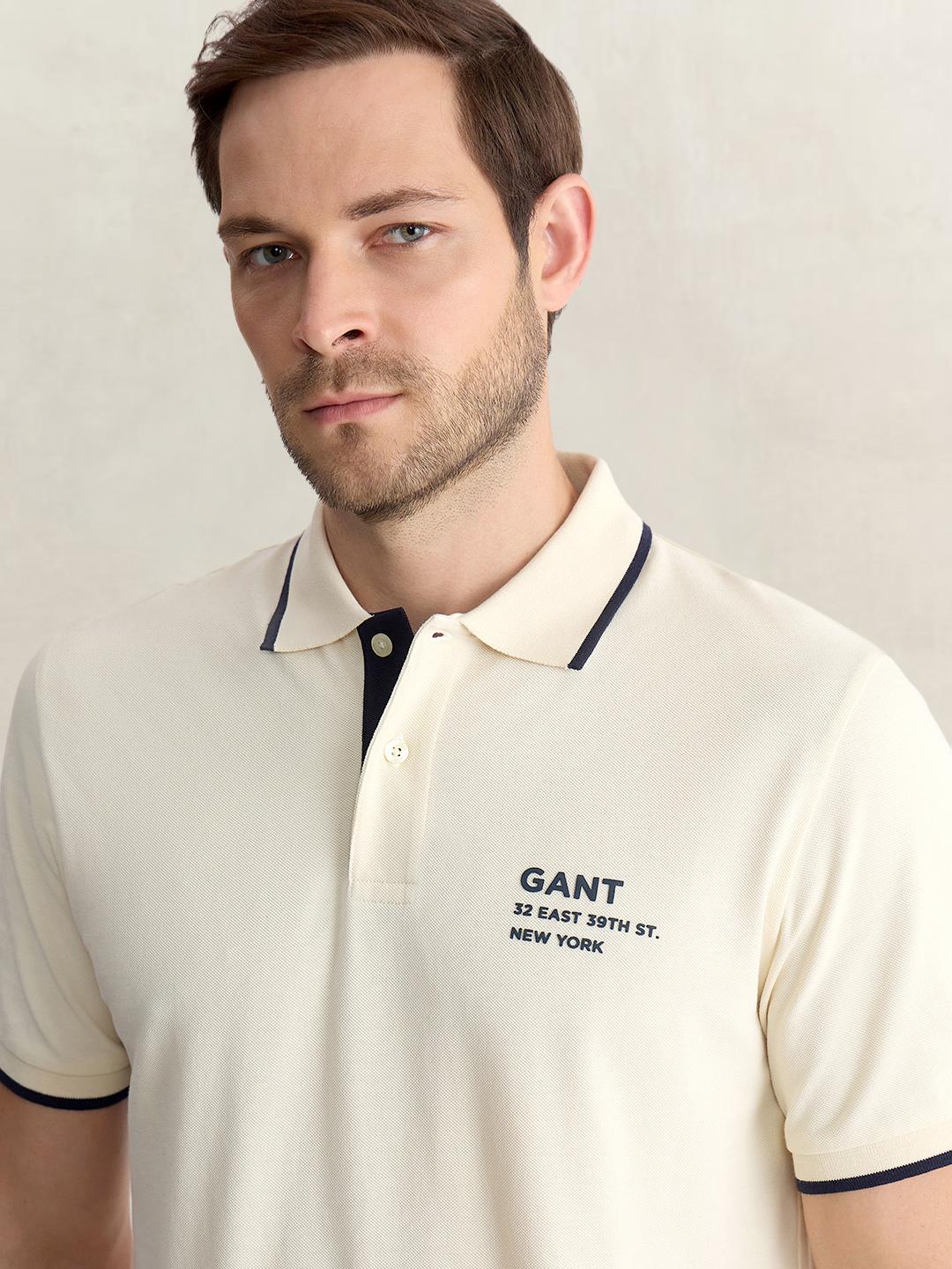Gant Men Cream Regular Fit Solid Pure Cotton Polo Tshirt