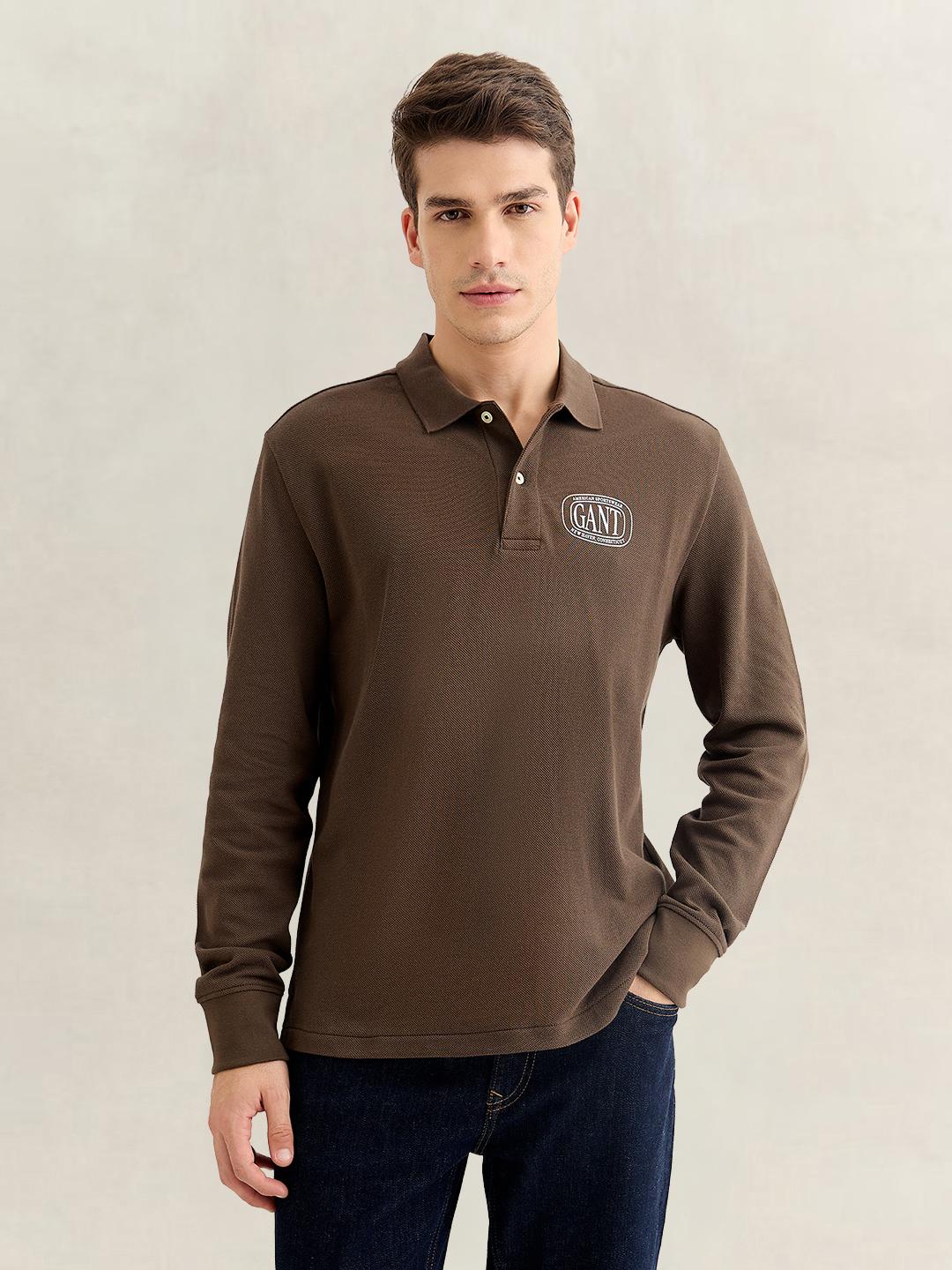 Gant Men Brown Solid Regular Fit Cotton Polo T-Shirt