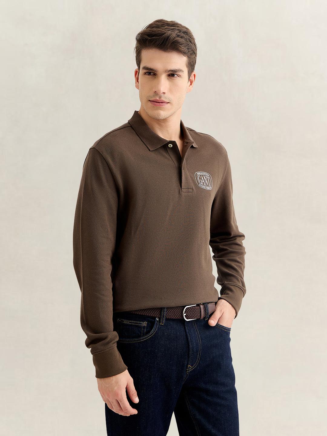 Gant Men Brown Solid Regular Fit Cotton Polo T-Shirt