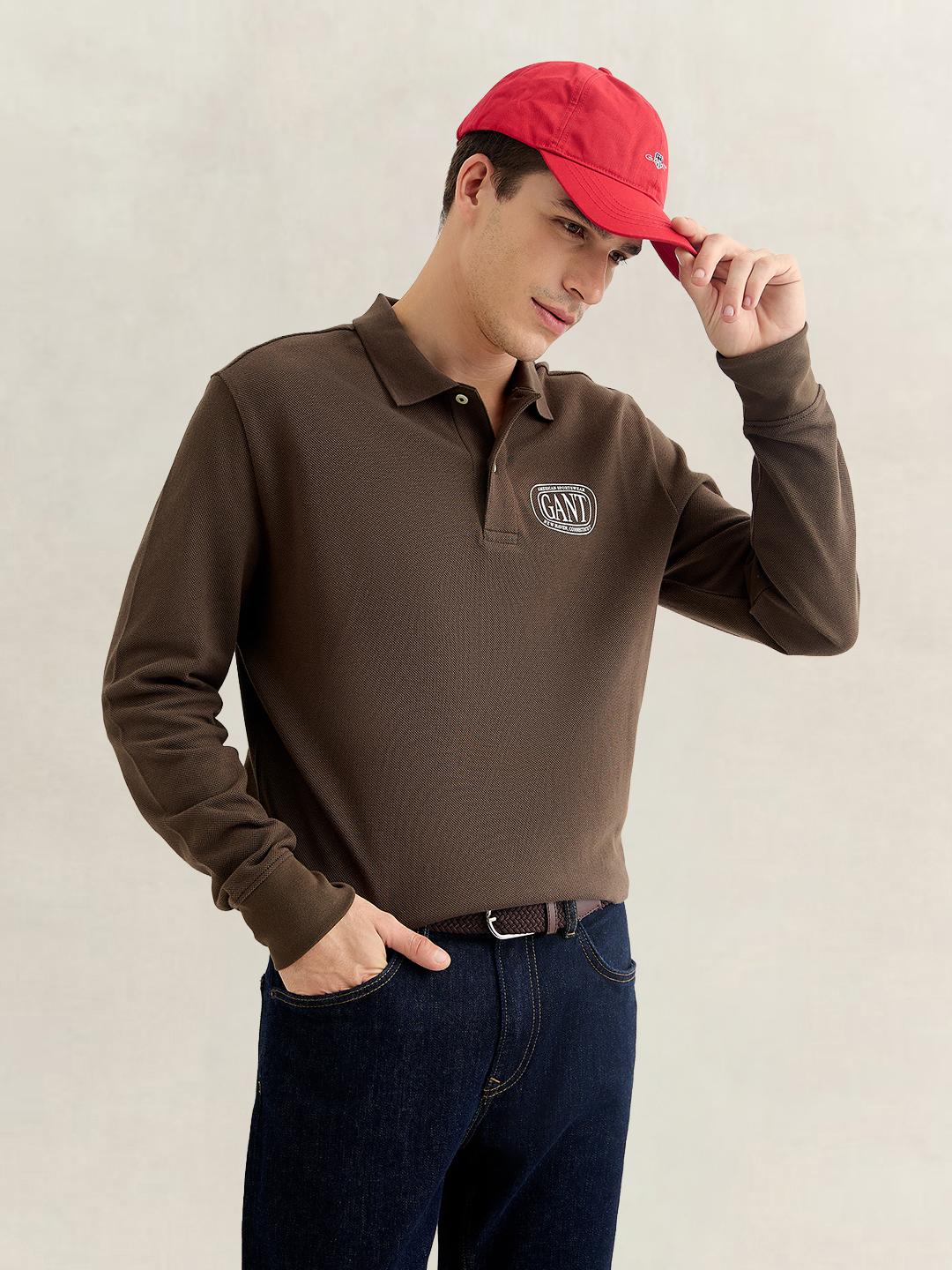 Gant Men Brown Solid Regular Fit Cotton Polo T-Shirt
