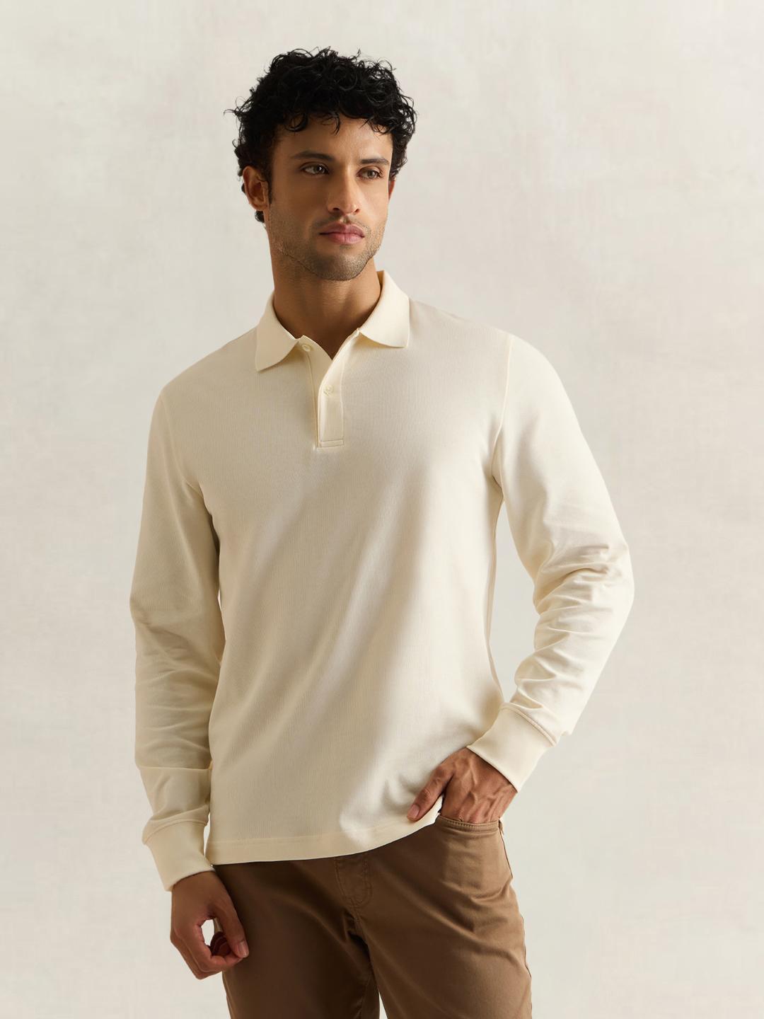 Gant Men Cream Solid Regular Fit Cotton Polo T-Shirt