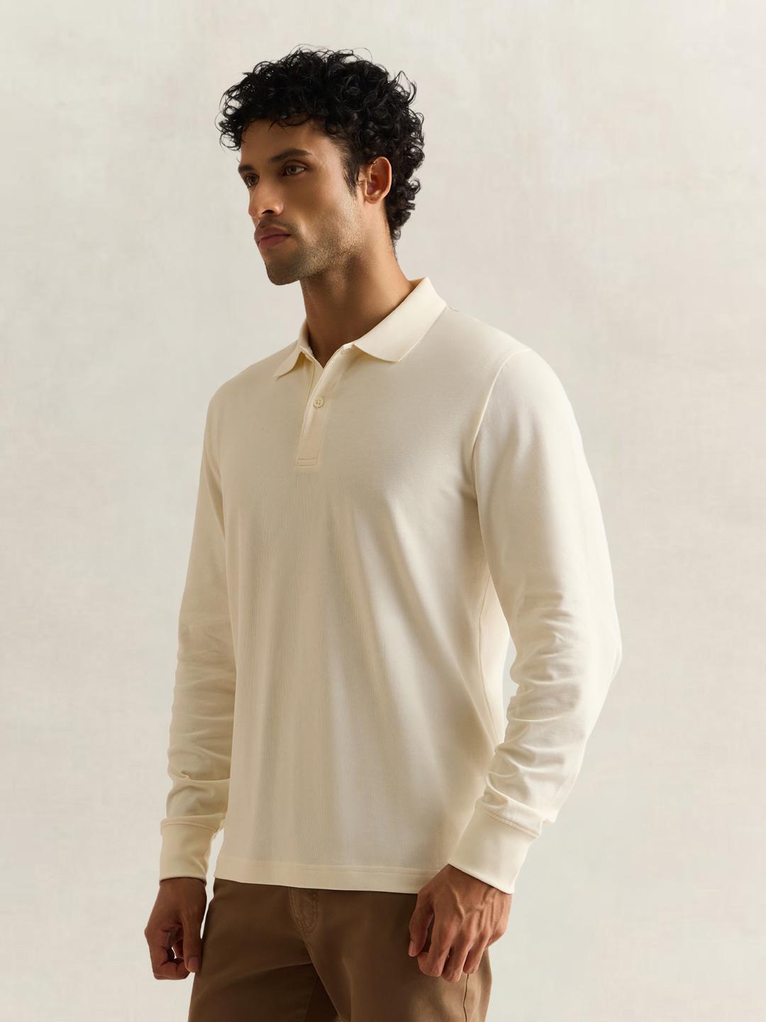 Gant Men Cream Solid Regular Fit Cotton Polo T-Shirt