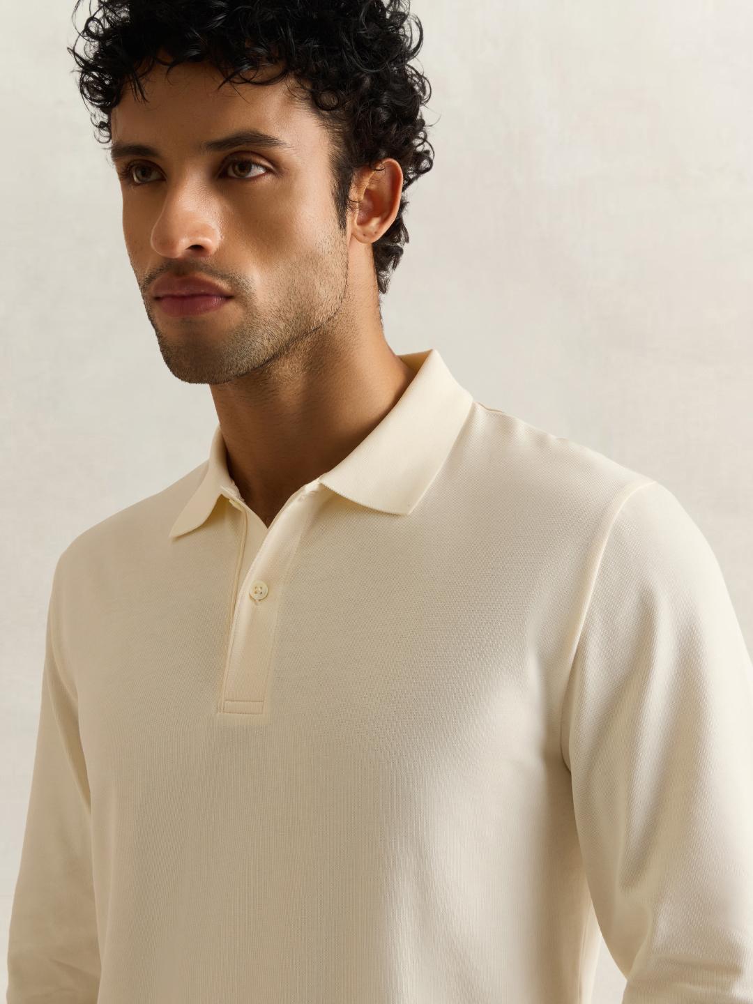 Gant Men Cream Solid Regular Fit Cotton Polo T-Shirt