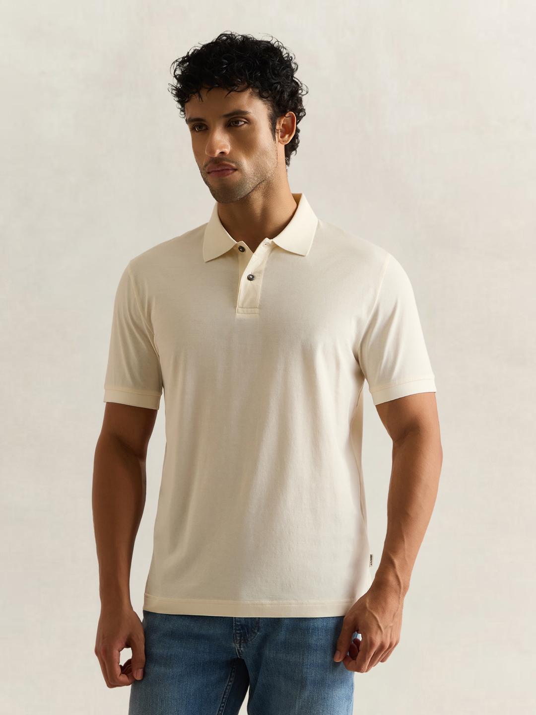 Gant Men Cream Solid Regular Fit Cotton Polo T-Shirt