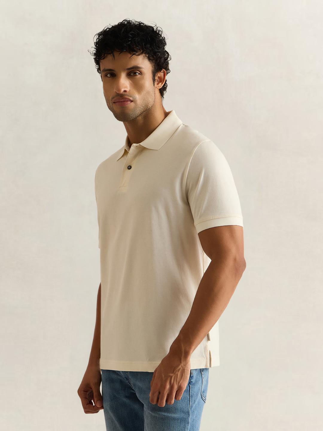 Gant Men Cream Solid Regular Fit Cotton Polo T-Shirt