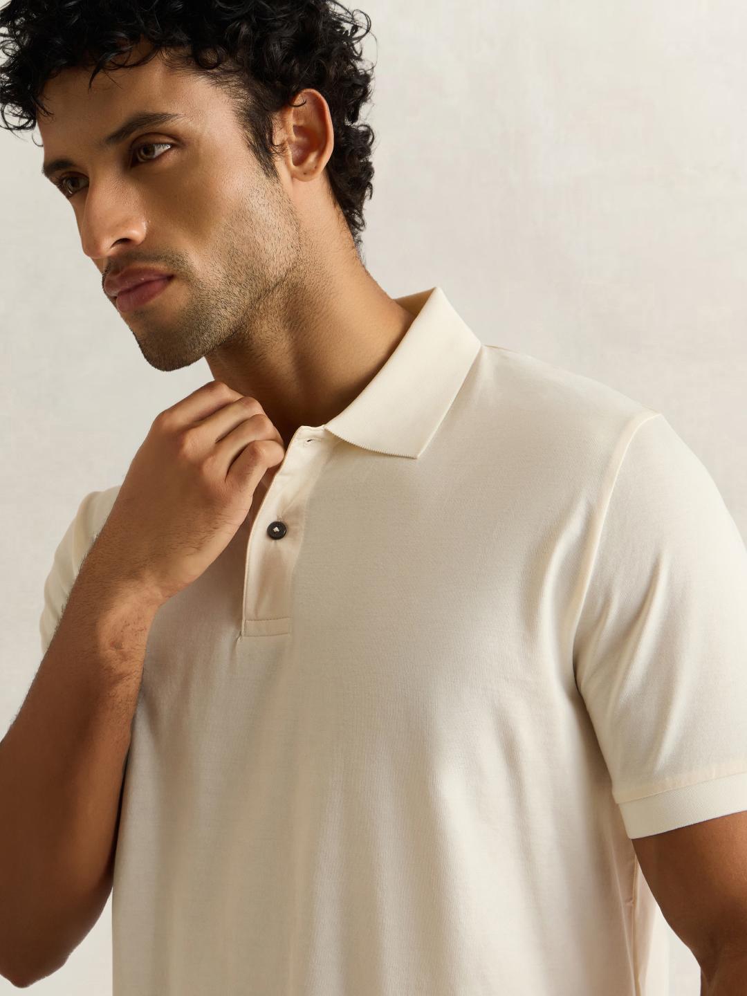 Gant Men Cream Solid Regular Fit Cotton Polo T-Shirt