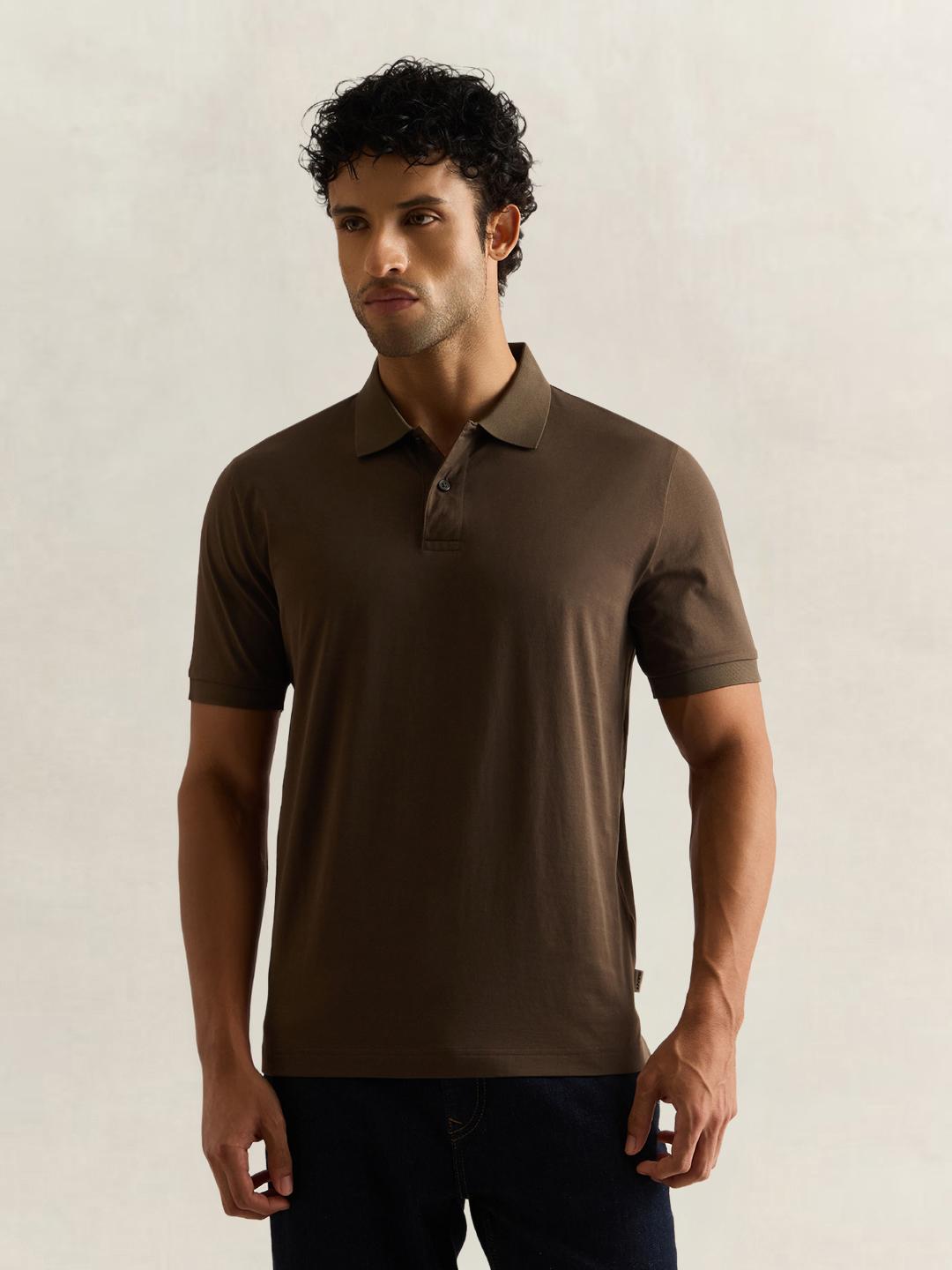 Gant Men Dark Brown Solid Regular Fit Cotton Polo T-Shirt