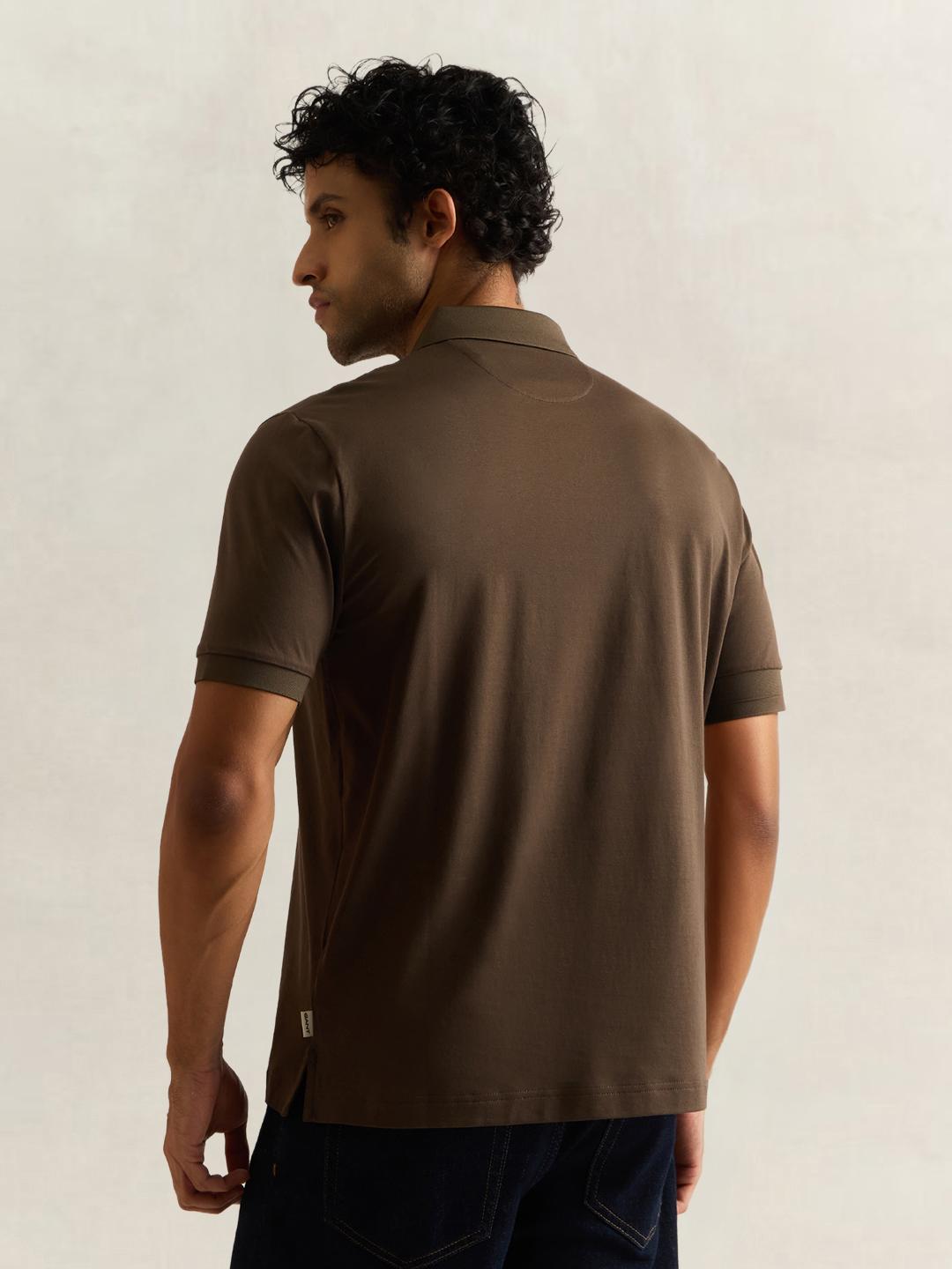 Gant Men Dark Brown Solid Regular Fit Cotton Polo T-Shirt