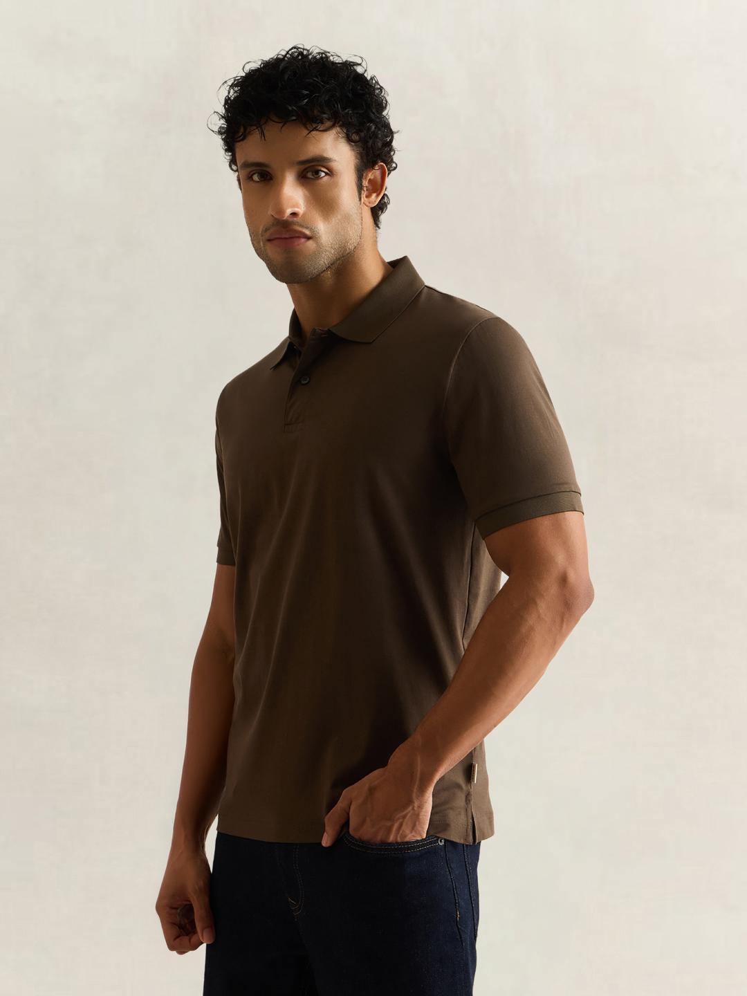 Gant Men Dark Brown Solid Regular Fit Cotton Polo T-Shirt