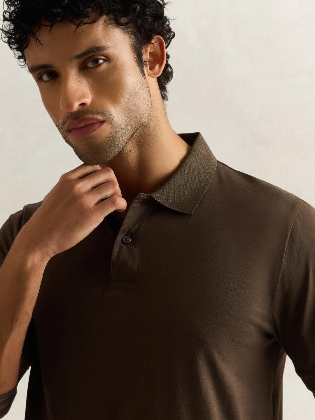 Gant Men Dark Brown Solid Regular Fit Cotton Polo T-Shirt