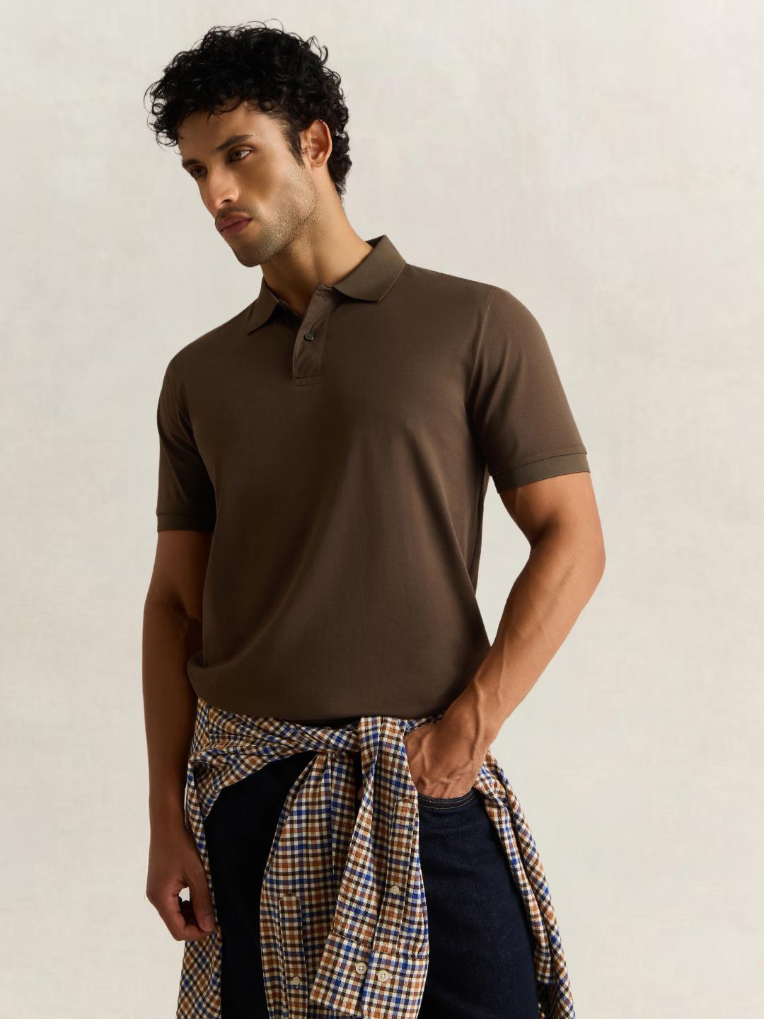 Gant Men Dark Brown Solid Regular Fit Cotton Polo T-Shirt