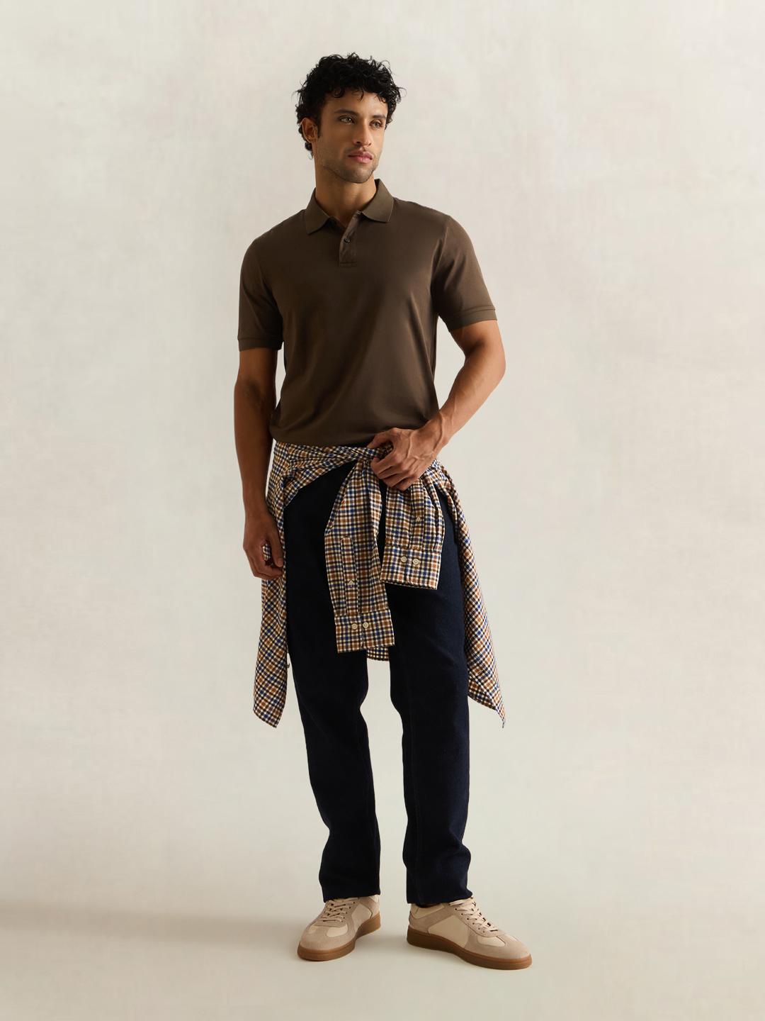 Gant Men Dark Brown Solid Regular Fit Cotton Polo T-Shirt