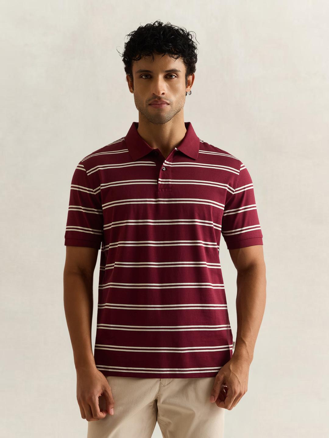 Gant Men Wine Striped Regular Fit Cotton Polo T-Shirt