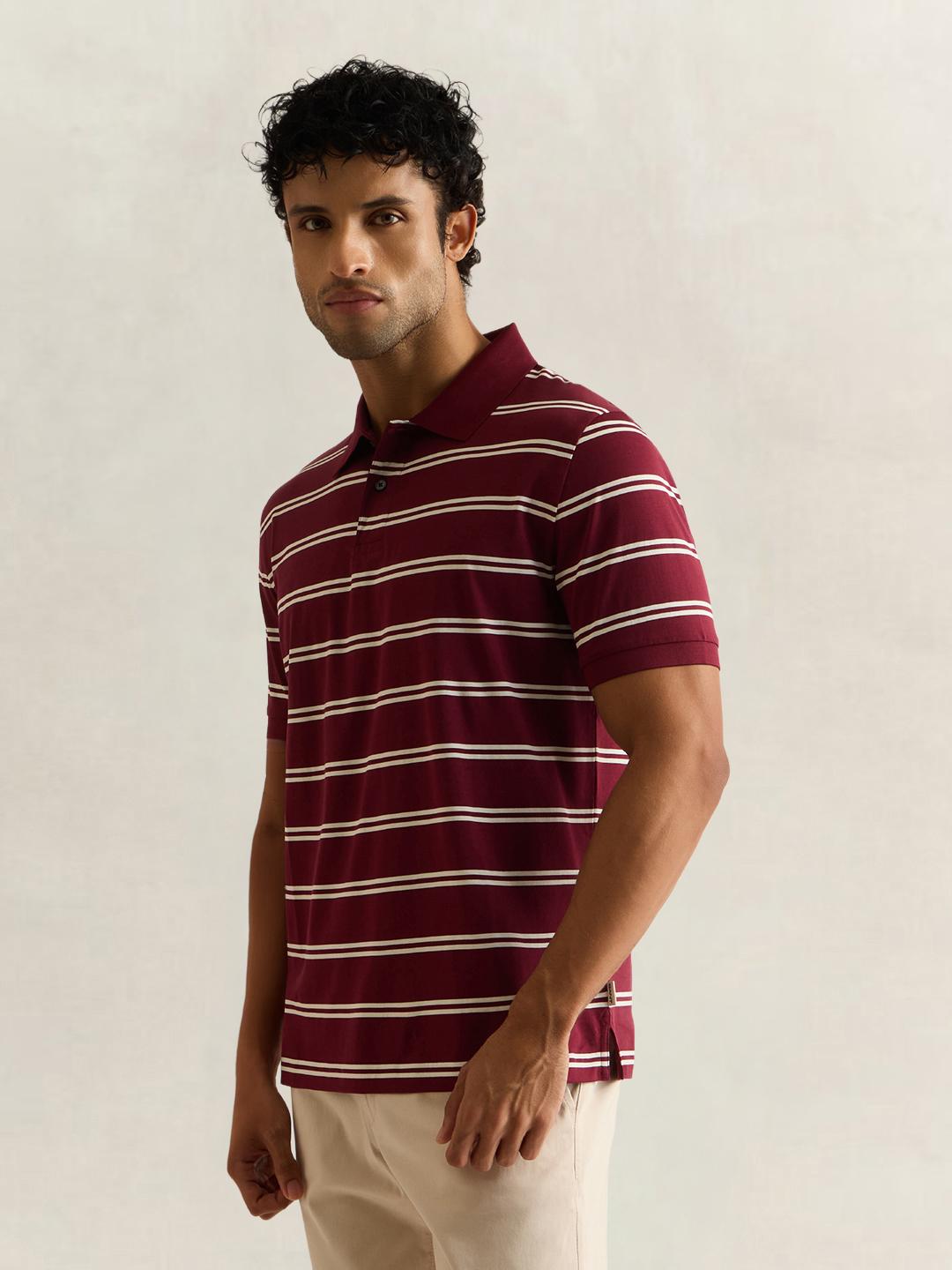 Gant Men Wine Striped Regular Fit Cotton Polo T-Shirt
